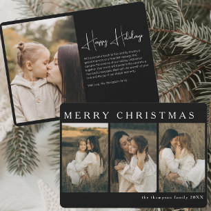Minimalist Elegant Christmas Simple 4 Photo Black Holiday Card
