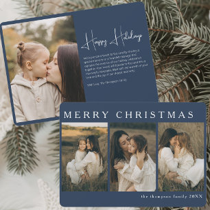 Minimalist Elegant Christmas Simple 4 Photo Blue Holiday Card