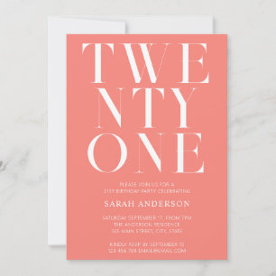 Minimalist Elegant Coral Pink Bold 21st Birthday Invitation
