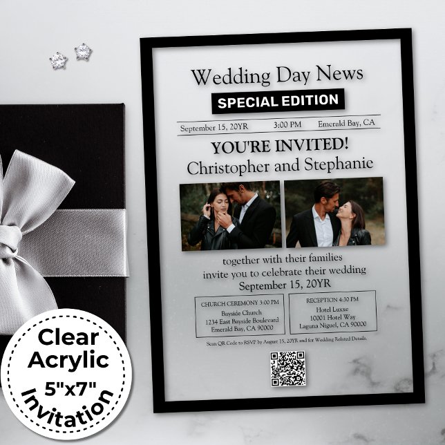 Minimalist Elegant Customisable Newspaper Wedding Acrylic Invitations (Elegant Chic Editable Modern Black Typography All Season Newspaper Style Wedding Invitation)