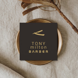Minimalist Elegant Dark Faux Gold Razor Barber Square Business Card