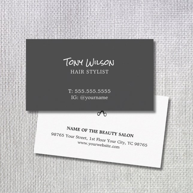 Minimalist Elegant Dark Grey White Hairdresser Business Card (Creator Uploaded)