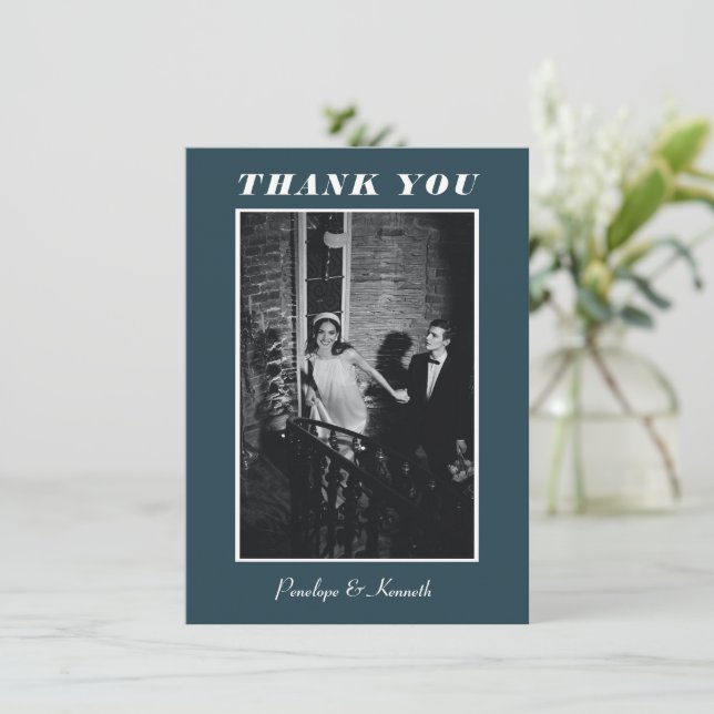 Minimalist Elegant Dark Teal Wedding Custom Photo Thank You Card (Standing Front)