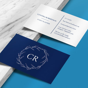 Minimalist Elegant Deep Blue Monogram Olive Wreath Business Card