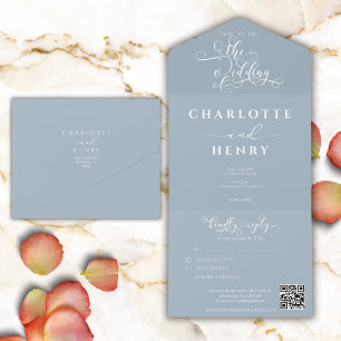 Minimalist Elegant Dusty Blue QR Code Wedding All In One Invitation