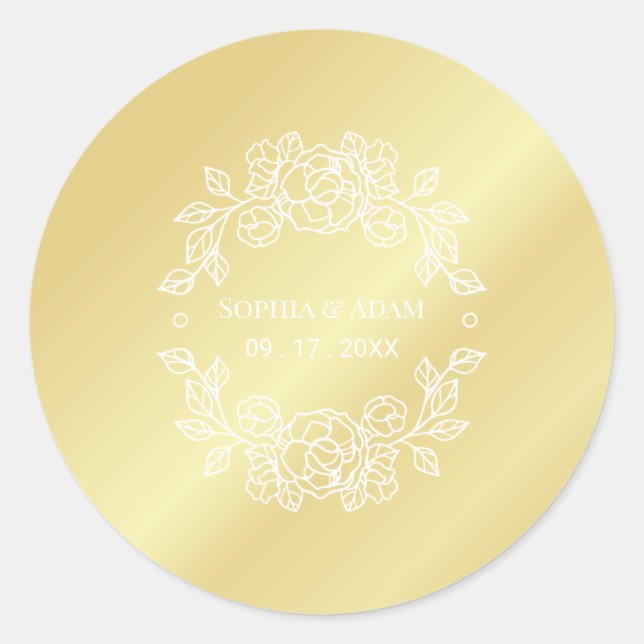 Minimalist Elegant Floral Golden  Classic Round Sticker (Front)