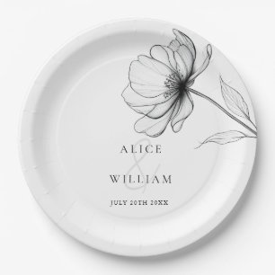 Minimalist Elegant Floral Line Drawing Wedding Paper Plate