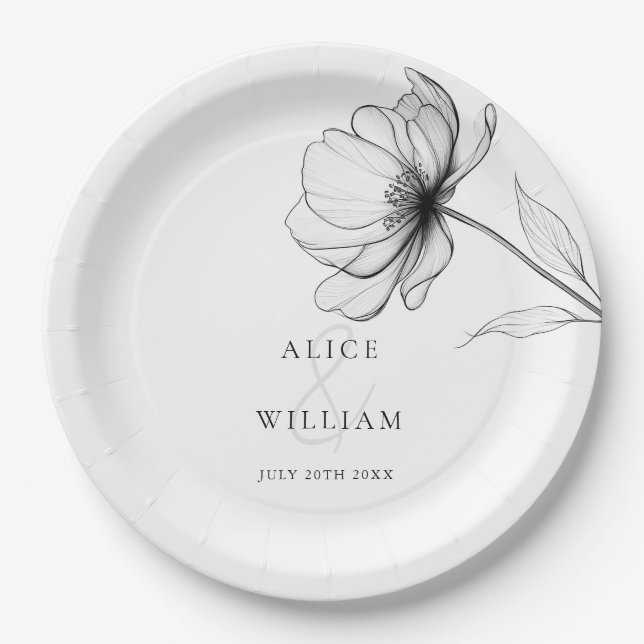 Minimalist Elegant Floral Line Drawing Wedding Paper Plate (Front)