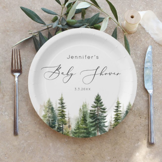 Minimalist elegant forest rustic baby shower paper plate (Creator Uploaded)