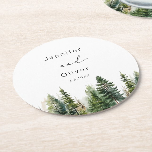 Minimalist elegant forest rustic wedding round paper coaster (Angled)