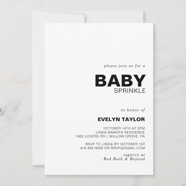 Minimalist Elegant Formal Baby Sprinkle   Invitation (Front)