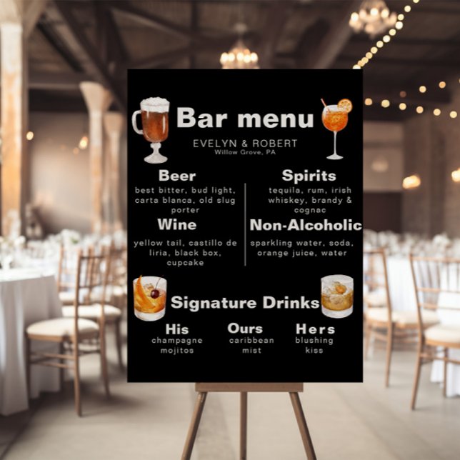 Minimalist Elegant Formal Black Wedding Bar Menu  Poster (Creator Uploaded)