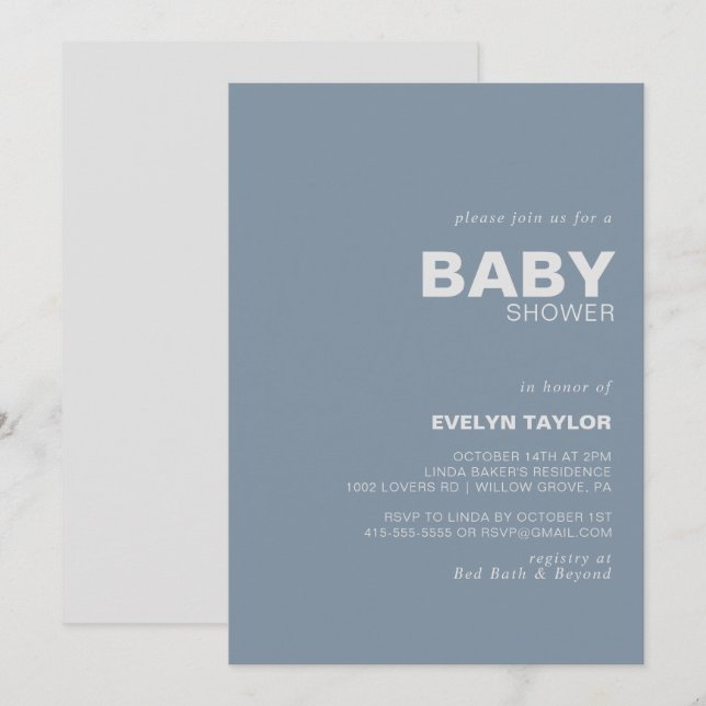 Minimalist Elegant Formal Blue Baby Shower   Invitation (Front/Back)