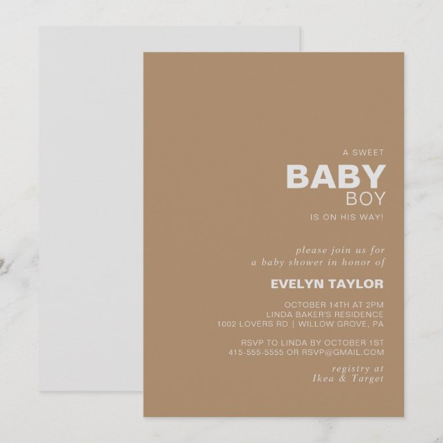 Minimalist Elegant Formal Brown Baby Boy shower  Invitation (Front/Back)