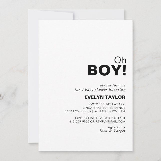 Minimalist Elegant Formal Oh Boy Baby Shower    Invitation (Front)