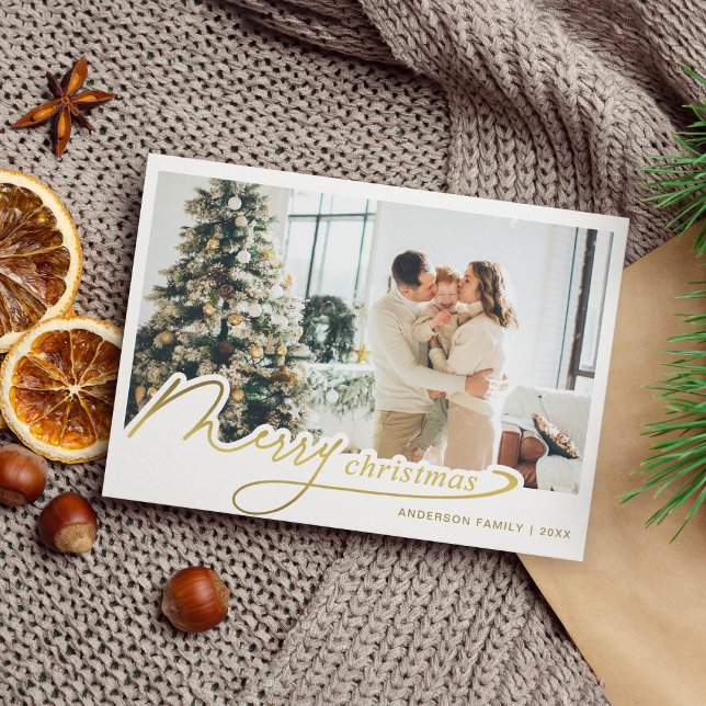 Minimalist Elegant Gold Merry Christmas Photo Holiday Card (Creator Uploaded)