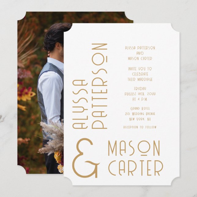 Minimalist Elegant Gold Modern Photo Wedding Invitation (Front/Back)