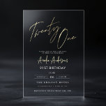 Minimalist Elegant Gold Script 21st Birthday Acrylic Invitations<br><div class="desc">Celebrate a milestone in style with the Minimalist Elegant Gold Script 21st Birthday Acrylic Invitation. This sleek and modern invitation features a sophisticated gold script design on a clear acrylic card, perfect for a chic and elegant 21st birthday celebration. Its minimalist aesthetic ensures a timeless and classy touch while offering...</div>