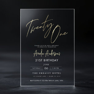 Minimalist Elegant Gold Script 21st Birthday Acrylic Invitations