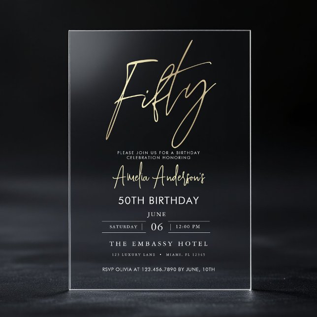 Minimalist Elegant Gold Script 50th Birthday Acrylic Invitations (Creator Uploaded)