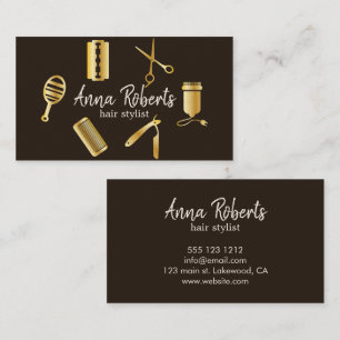Minimalist Elegant Golden Hairstyling Tools Business Card