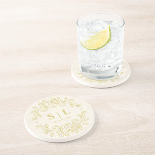 Minimalist Elegant Golden Outline Floral Wedding Coaster