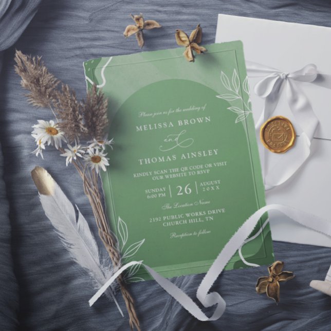 Minimalist Elegant Green Floral QR Code Wedding Invitation (Creator Uploaded)