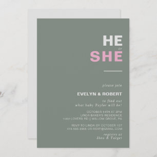 Minimalist Elegant Green He or She Gender Reveal  Invitation
