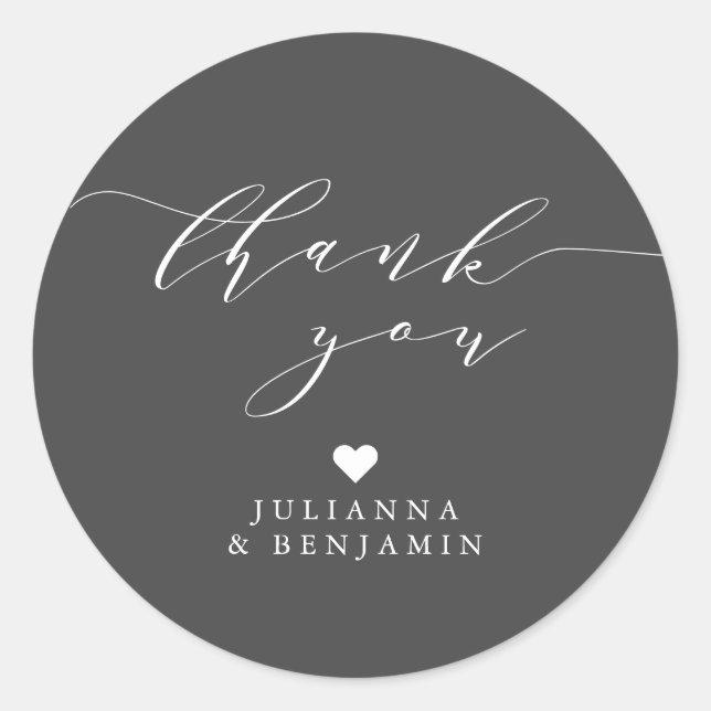 Minimalist Elegant Heart Black White Thank You  Classic Round Sticker (Front)