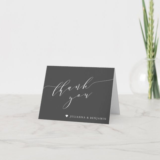 Minimalist Elegant Heart Black White Wedding  Thank You Card (Front)