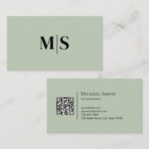 Minimalist Elegant Initials QRCode Sage Green Business Card