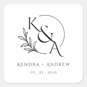 Minimalist Elegant Laurel Wreath Wedding Monogram  Square Sticker