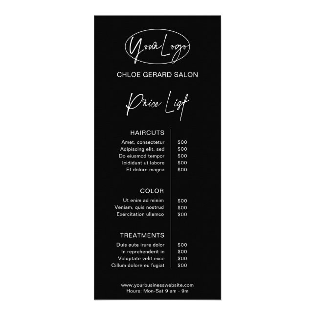 Minimalist Elegant Minimal Black Modern Price List Rack Card (Front)