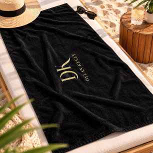 Minimalist Elegant Monogram Black Gold Stylish Beach Towel