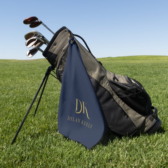 Minimalist Elegant Monogram Dark Blue Gold Stylish Golf Towel (Green)