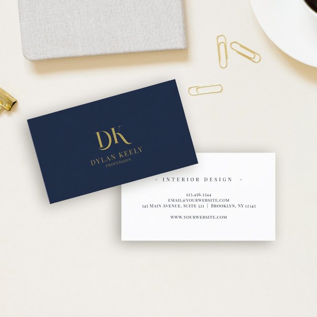 Minimalist Elegant Monogram Dark Navy Blue Gold Business Card (Creator Uploaded)
