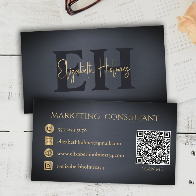 Minimalist Elegant Monogram Dark Navy Blue QR Code Business Card (Creator Uploaded)