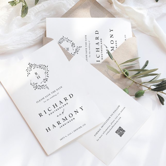 Minimalist Elegant Monogram Leaf Wreath Wedding Save The Date (Minimalist Elegant Monogram Leaf Wreath Wedding Save The Date)