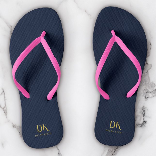 Minimalist Elegant Monogram Navy Blue Gold Stylish Thongs (Creator Uploaded)