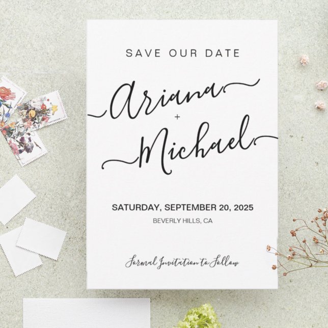 Minimalist Elegant Name Script black white Wedding Save The Date (Creator Uploaded)