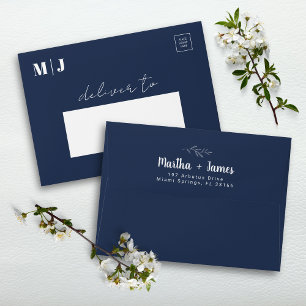 Minimalist Elegant Navy Blue Floral Wedding  Envelope