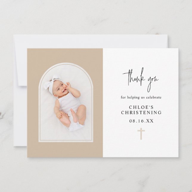 Minimalist Elegant Neutral Arch Christening Thank  Thank You Card (Front)