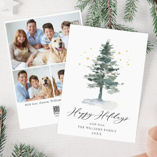 Minimalist Elegant Pine Tree Christmas 3 Photo Holiday Card