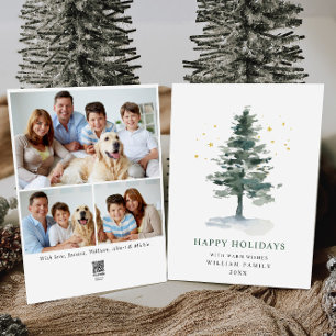 Minimalist Elegant Pine Tree Christmas 3 Photo Holiday Card