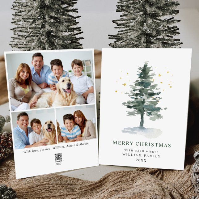 Minimalist Elegant Pine Tree Christmas 3 Photo Holiday Card (Creator Uploaded)