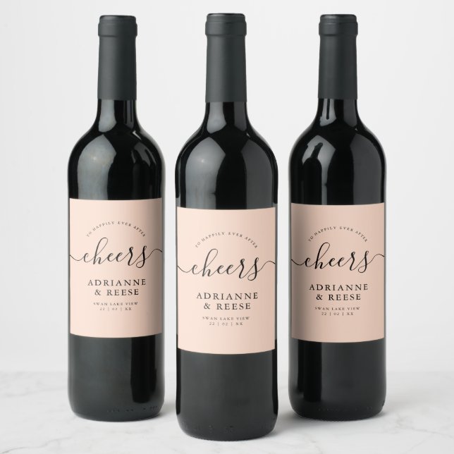 Minimalist Elegant Pink & Black Wedding Wine Label (Bottles)