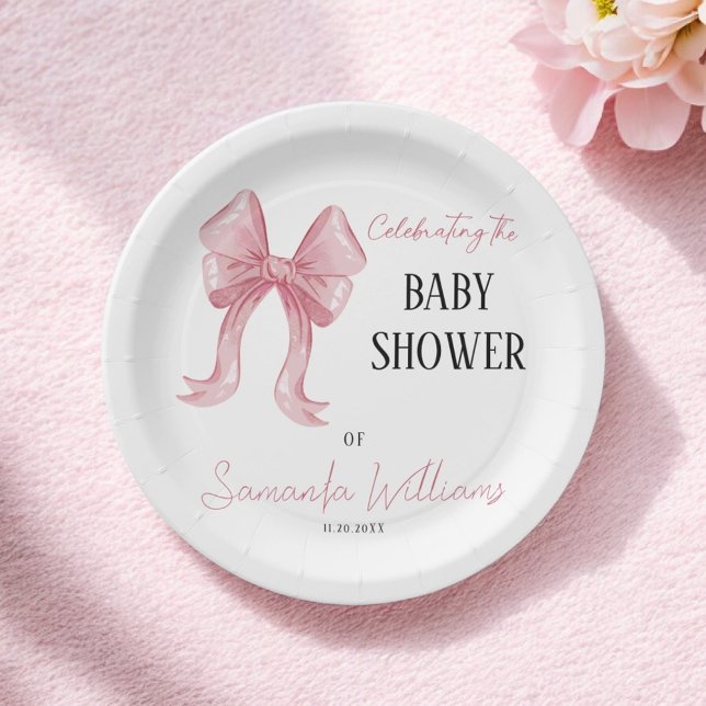 Minimalist Elegant Pink Bow Girl Baby Shower Paper Plate (Creator Uploaded)
