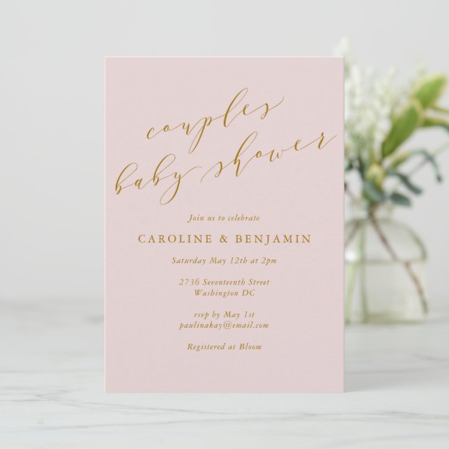 Minimalist Elegant Pink Couples Baby Shower Invitation (Standing Front)