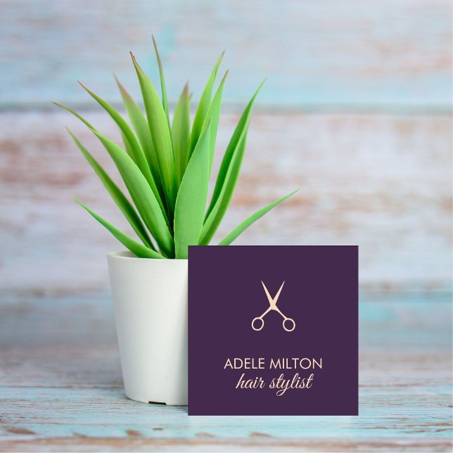 Minimalist Elegant Purpl Rose Scissors Hairstylist Square Business Card (Creator Uploaded)