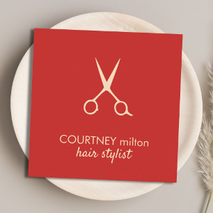 Minimalist Elegant Red Pastel Scissors Hairstylist Square Business Card